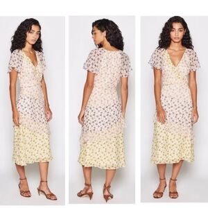 Joie Orita Silk Colorful Floral Print Flutter Sleeve V Neck Midi Dress Size 6